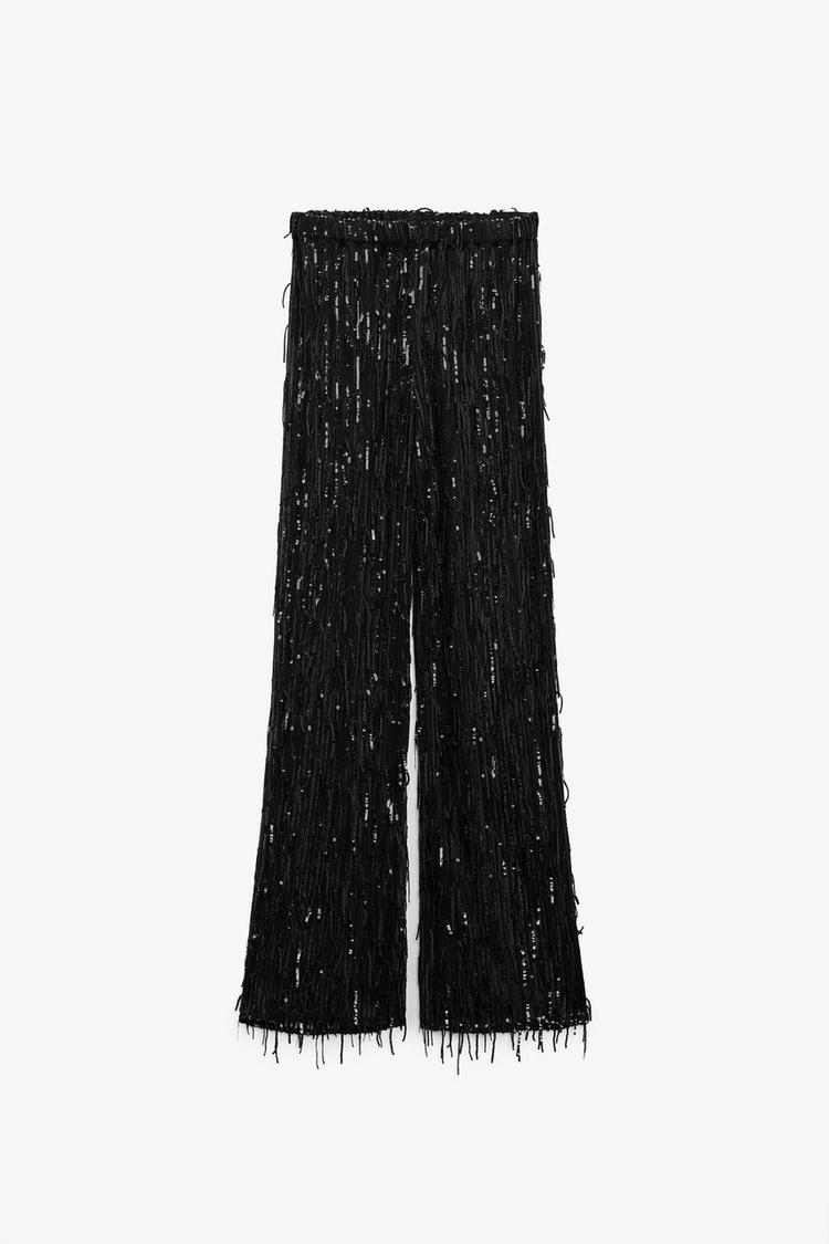 SEQUIN FRINGED STRAIGHT LEG PANTS Black ZARA United States